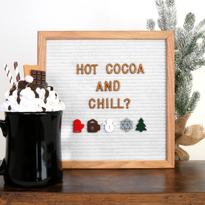 "Baby It's Cold Outside" Letterboard icon collection, styled. "Hot Cocoa and chill?"